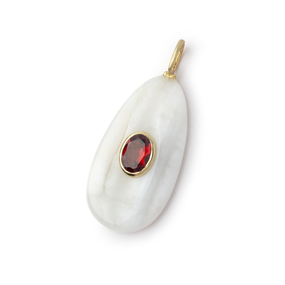 29x16mm White Agate Plain Pear with Bezeled Garnet Inlay Pendant 1 piece - BeadsofCambay.com