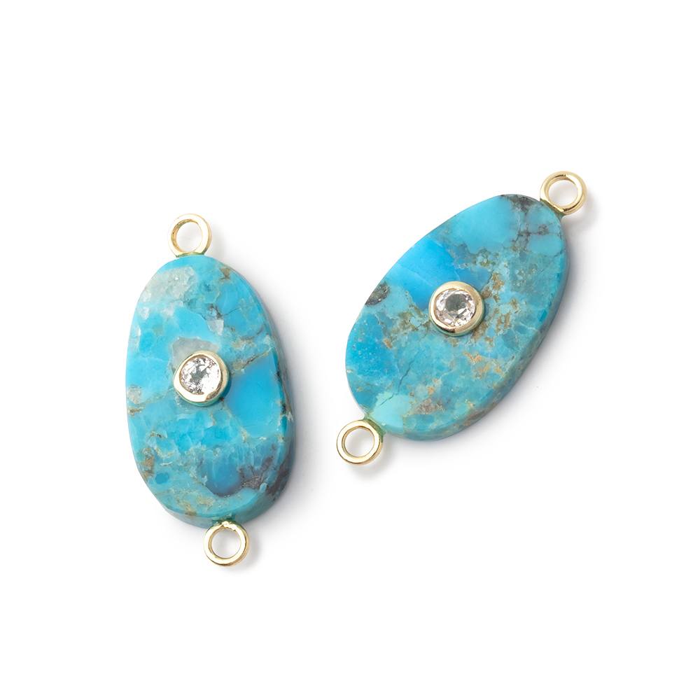 19.5x11.5mm Turquoise Plain Oval with a White Topaz Bezel Inlay 1 Connector - BeadsofCambay.com