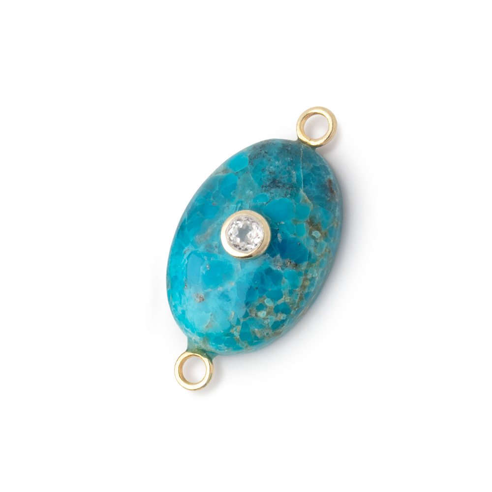 17-18mm Turquoise Plain Oval with a White Topaz Bezel Inlay 1 Connector - BeadsofCambay.com