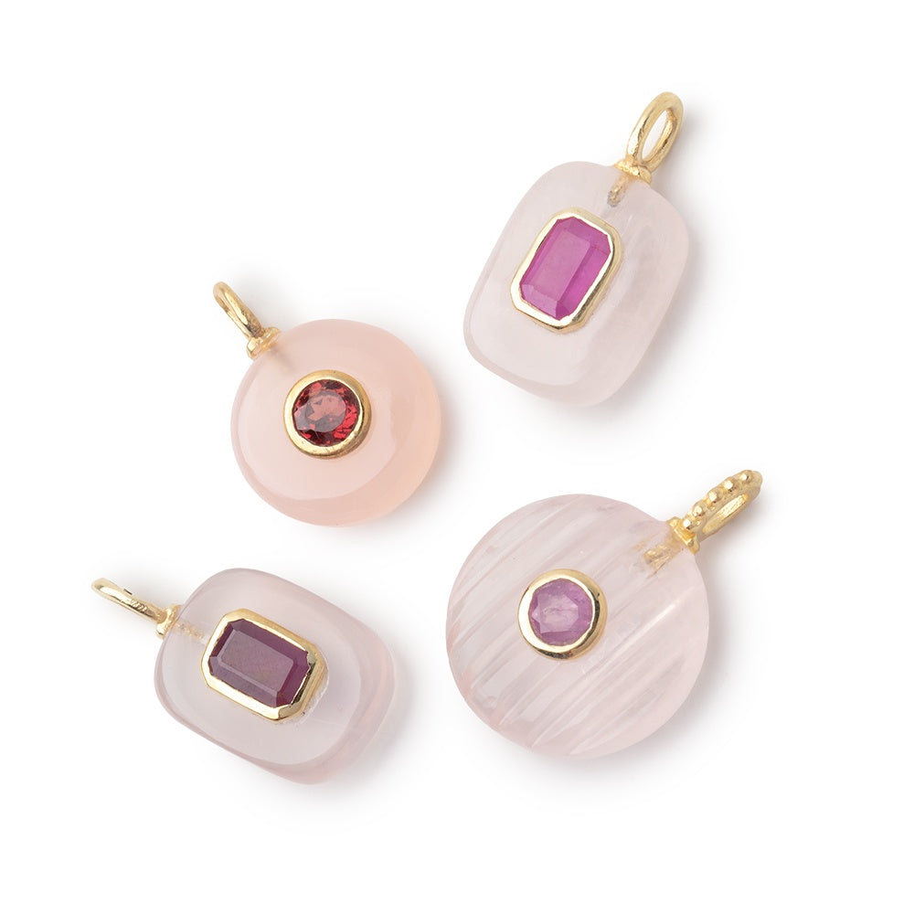 Lot of 4 Mixed Pink Gemstone Pendants with Bezeled Inlays - BeadsofCambay.com