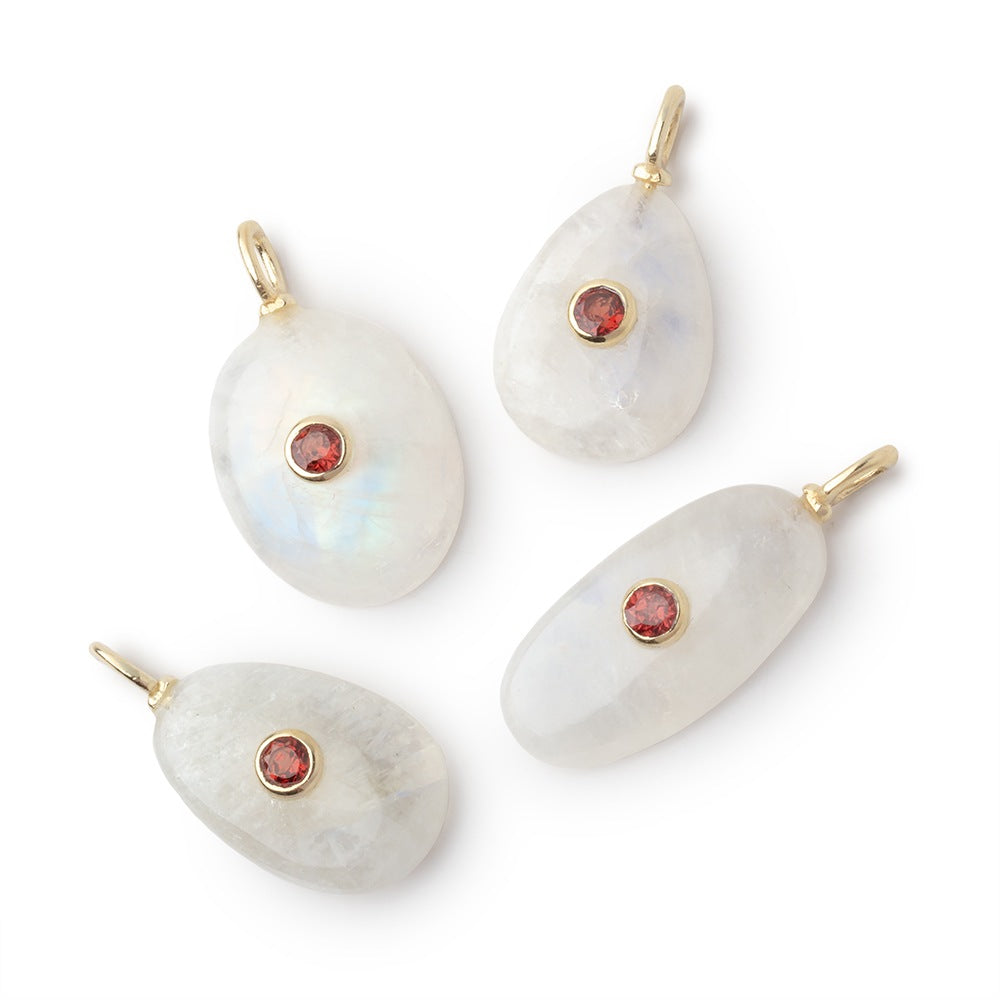 Lot of 4 Rainbow Moonstone Mixed Shape Pendants with Garnet Bezel Set Inlays - BeadsofCambay.com
