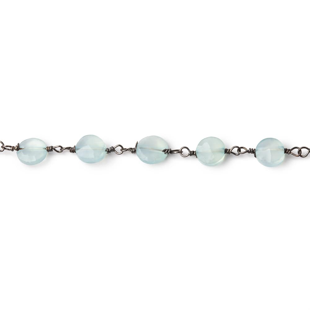 6mm Powder Blue Chalcedony Faceted Coin on Black Gold Plated Chain - Beadsofcambay.com