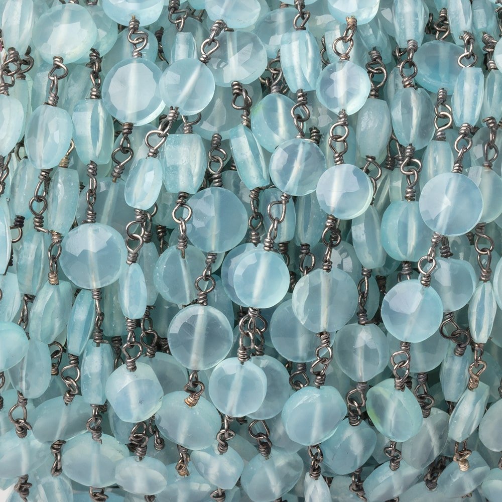 6mm Powder Blue Chalcedony Faceted Coin on Black Gold Plated Chain - Beadsofcambay.com