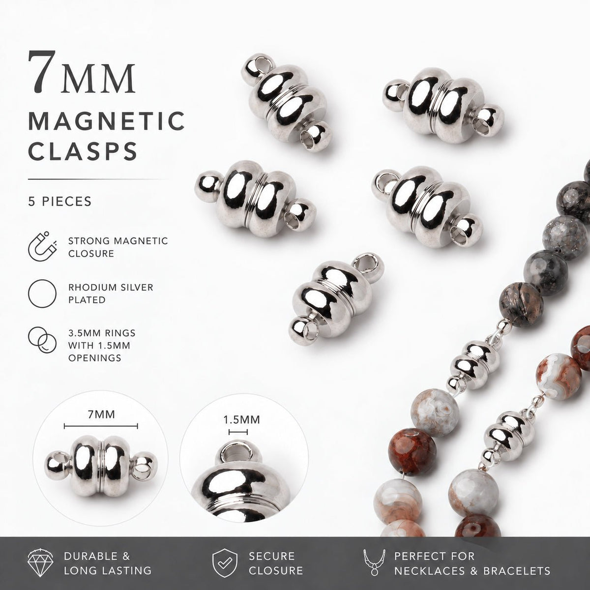 7mm Silver Rhodium plated Magnetic Clasp Set of 5 pieces - Beadsofcambay.com