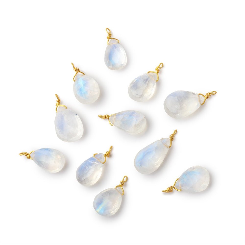 8-10mm Vermeil Wire Wrapped Rainbow Moonstone Faceted Pear 1 Pendant - Beadsofcambay.com