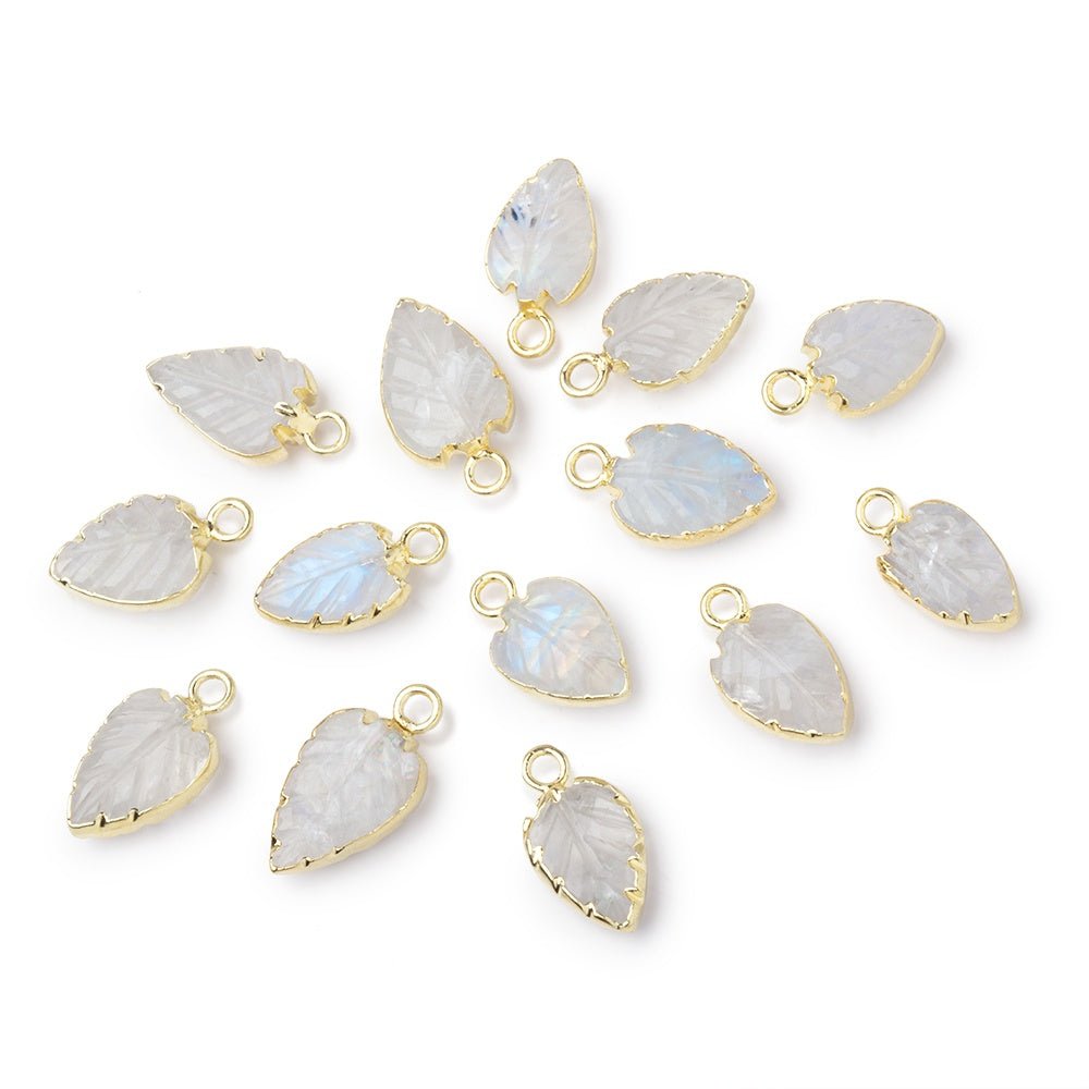 9.5-10.5mm Gold Leafed Rainbow Moonstone Carved Leaf Focal 1 piece - Beadsofcambay.com