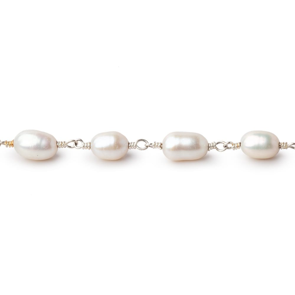 Lot of 7 Feet - White Oval Pearls on Silver Plated Chain - Beadsofcambay.com