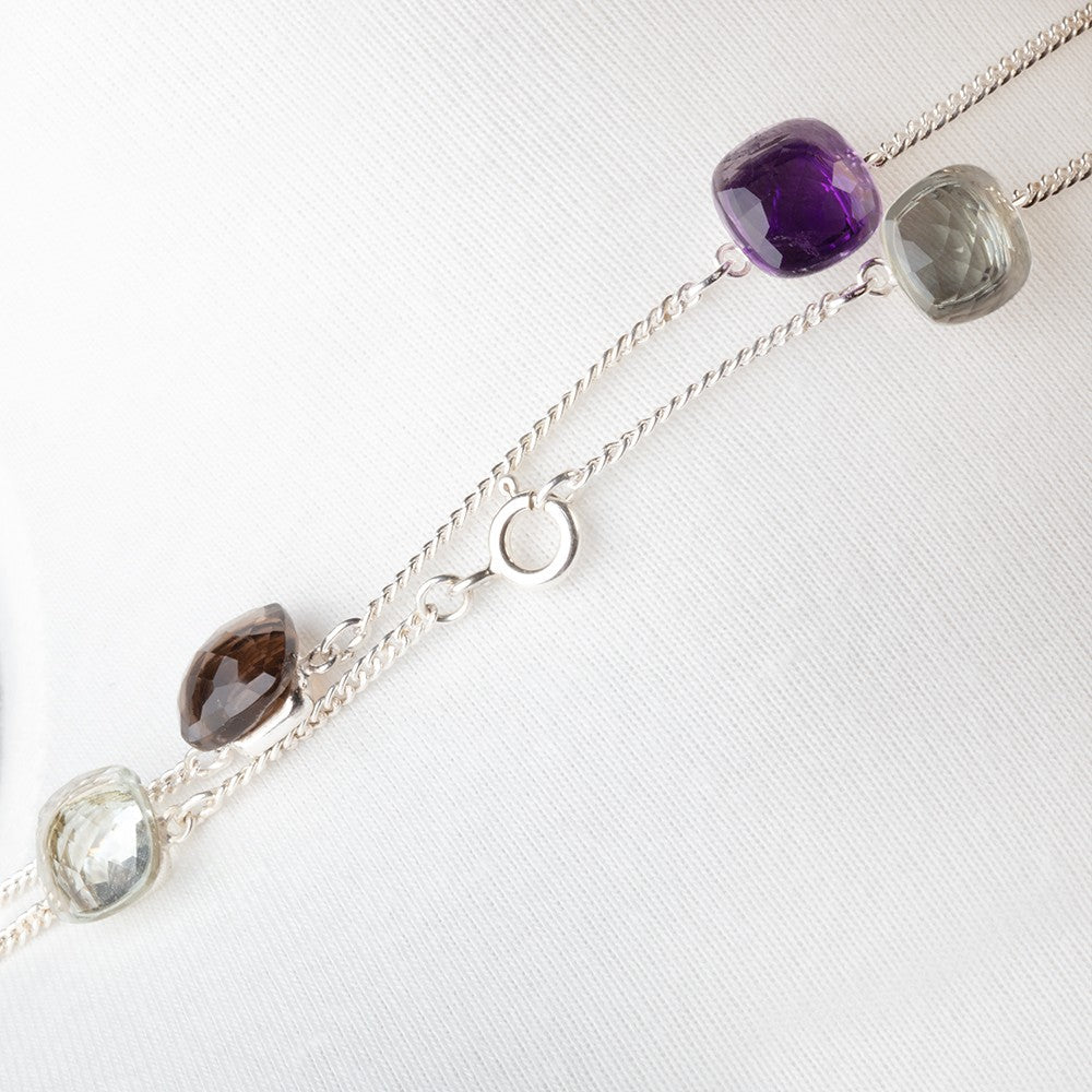 Multi Gemstone Faceted Cushion .925 Silver Bezel Set Chain Necklace AAA - Beadsofcambay.com