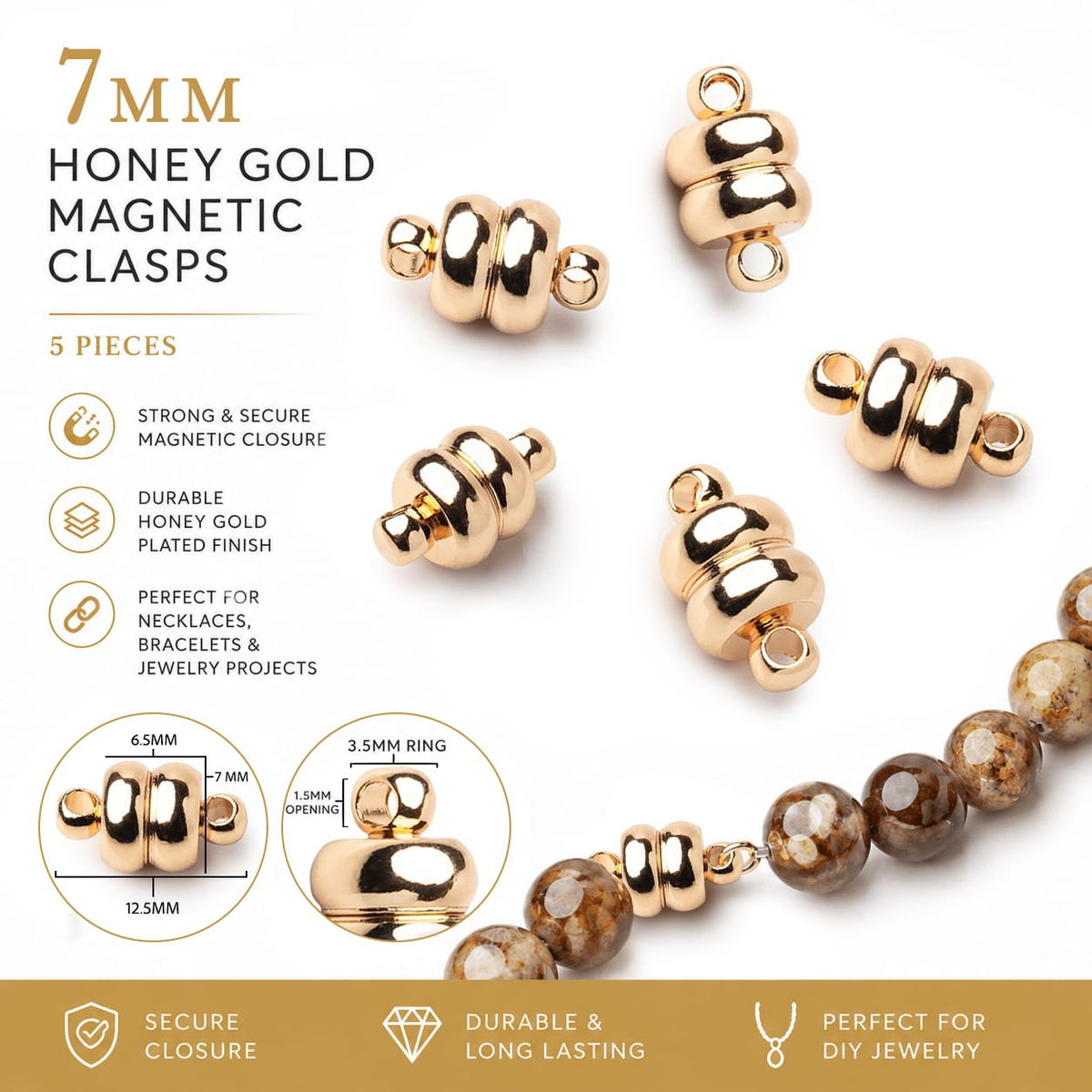 Set of 5 - 7mm Honey Gold Plated Magnetic Clasps - Beadsofcambay.com