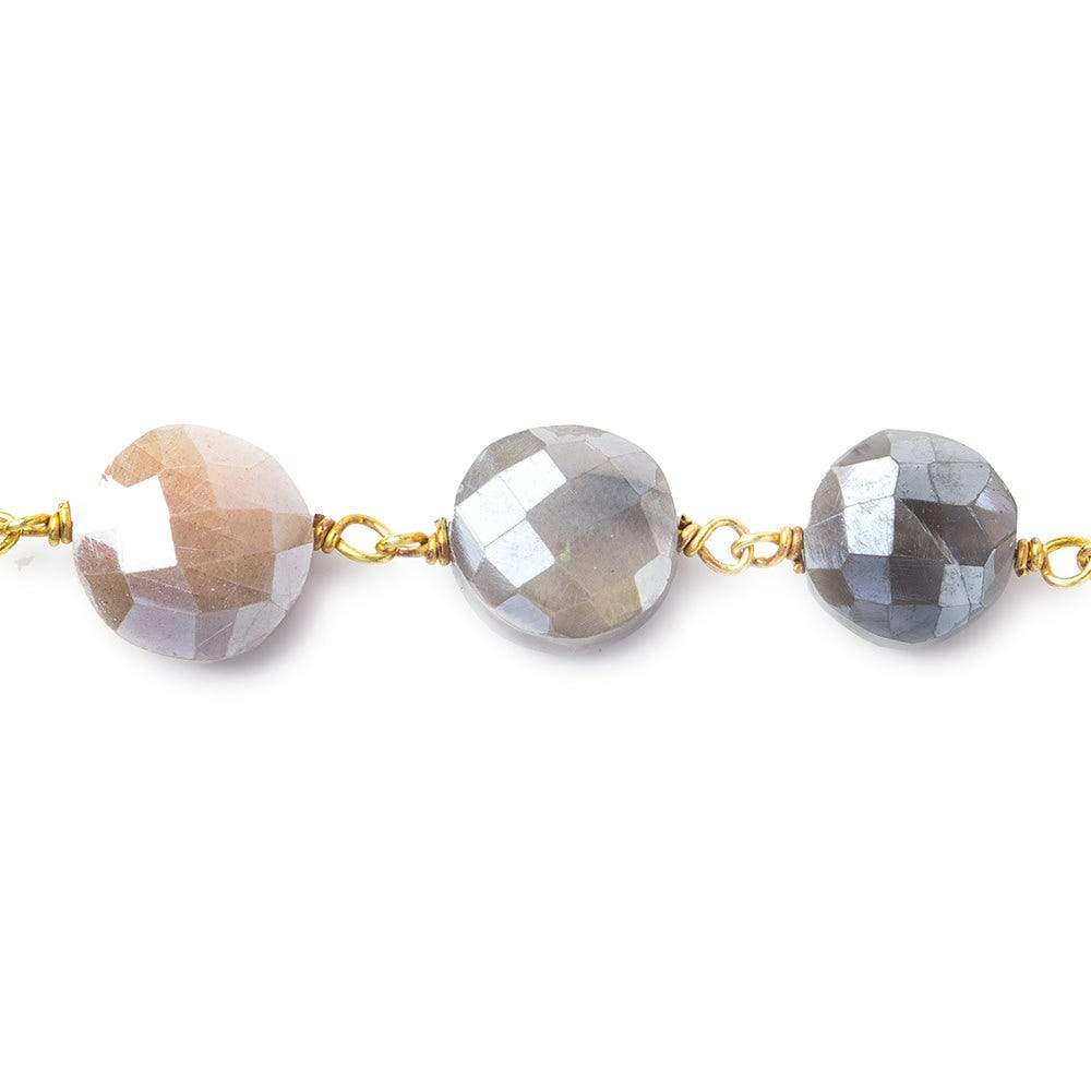 10-11mm Silver Mystic Multi Moonstone faceted coin Vermeil Chain by the foot 20 beads - Beadsofcambay.com