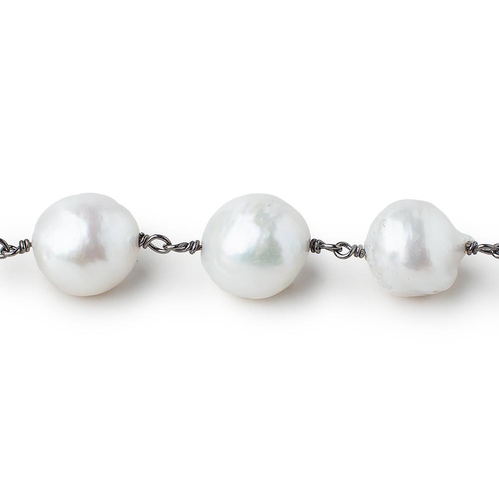 10-13mm White Ultra Baroque Pearls on Black Gold .925 Chain by the foot 17 pcs - Beadsofcambay.com