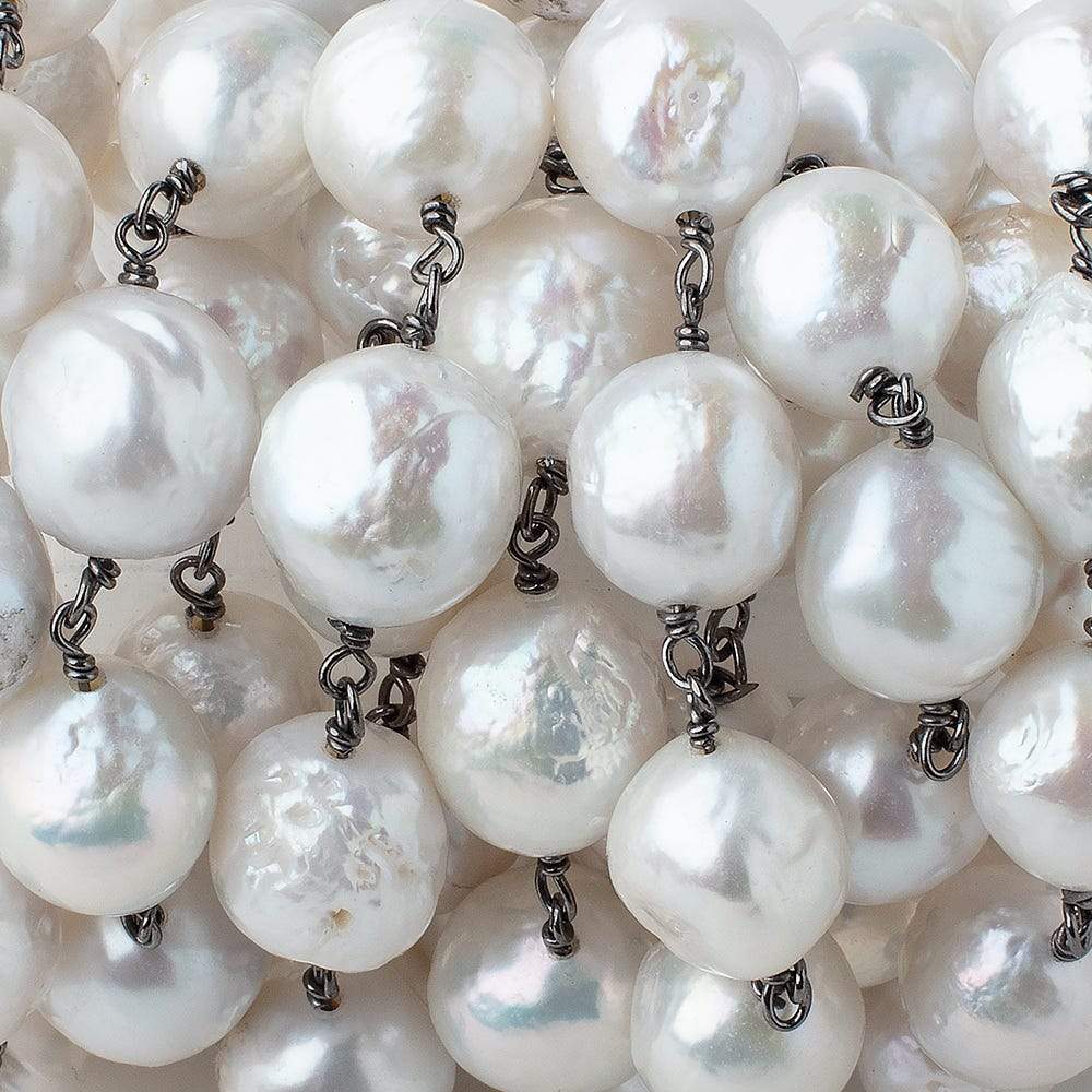 10-13mm White Ultra Baroque Pearls on Black Gold .925 Chain by the foot 17 pcs - Beadsofcambay.com