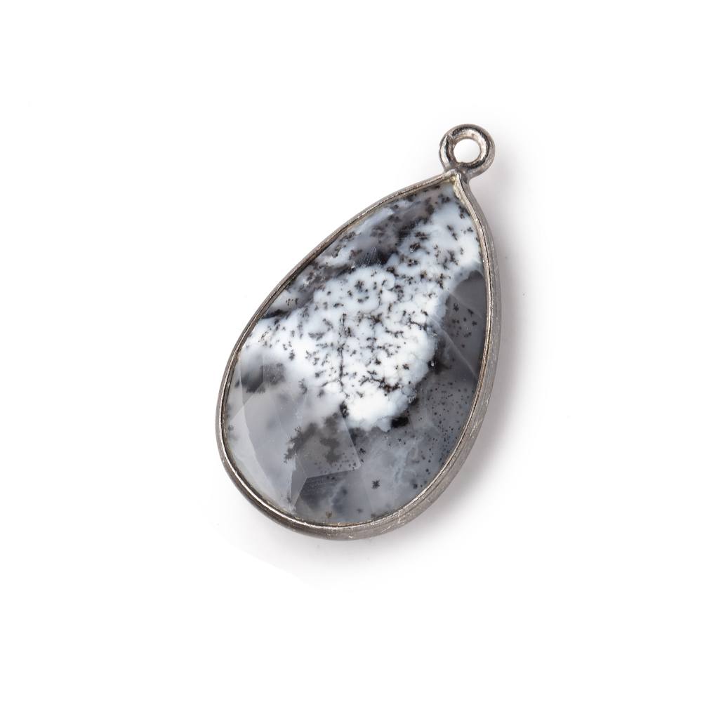 26x17mm Black Gold Bezeled Dendritic Opal Faceted Pear Focal Bead Pendant 1 piece - BeadsofCambay.com