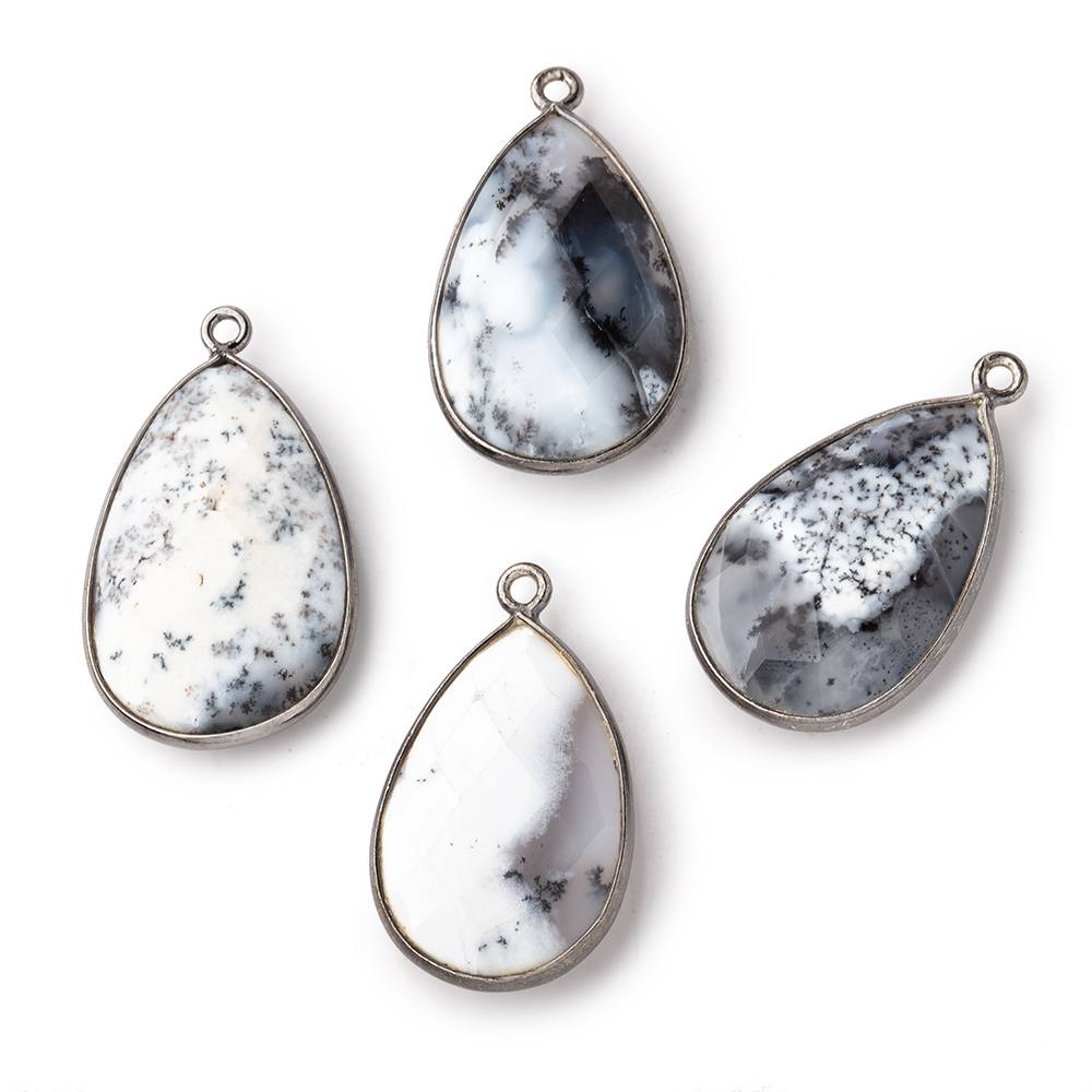 26x17mm Black Gold Bezeled Dendritic Opal Faceted Pear Focal Bead Pendant 1 piece - BeadsofCambay.com
