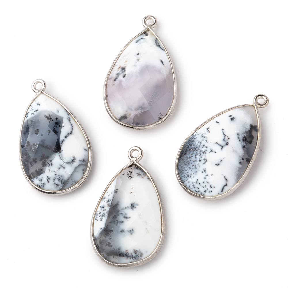 26x17mm Silver Bezeled Dendritic Opal Pear Focal Bead Pendant 1 piece - BeadsofCambay.com