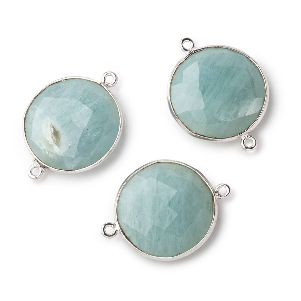 21mm Silver Bezeled Aquamarine Coin Focal Bead Connector 1 pc - BeadsofCambay.com
