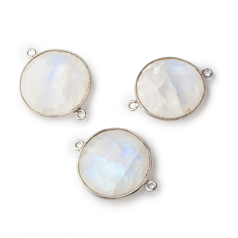 BeadsofCambay 22mm Silver Bezeled Rainbow Moonstone Coin Focal Bead Connector 1 pc