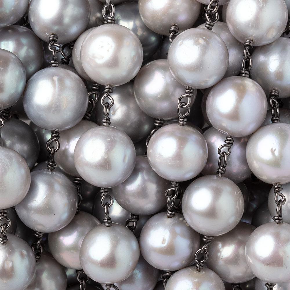 10.5-11mm Silver Off Round Pearls on Black Gold over .925 Silver Chain - Beadsofcambay.com
