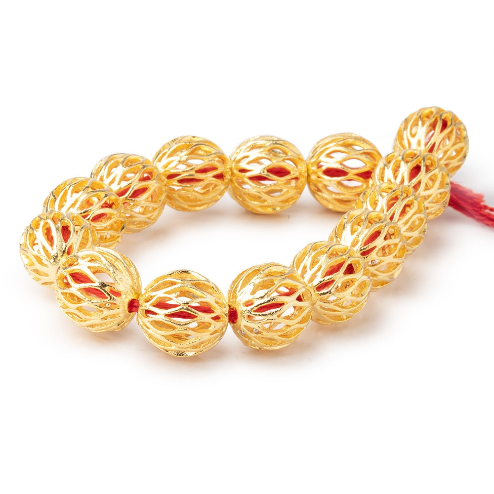 14.5mm 22kt Gold plated Copper Open Mesh Round Beads 8 inch 14 pieces - BeadsofCambay.com