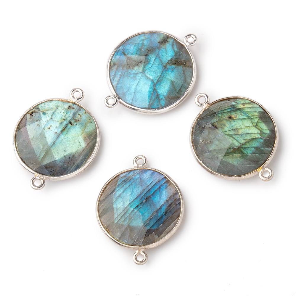 22mm Silver Bezeled Labradorite Coin Focal Bead Connector 4 pc 