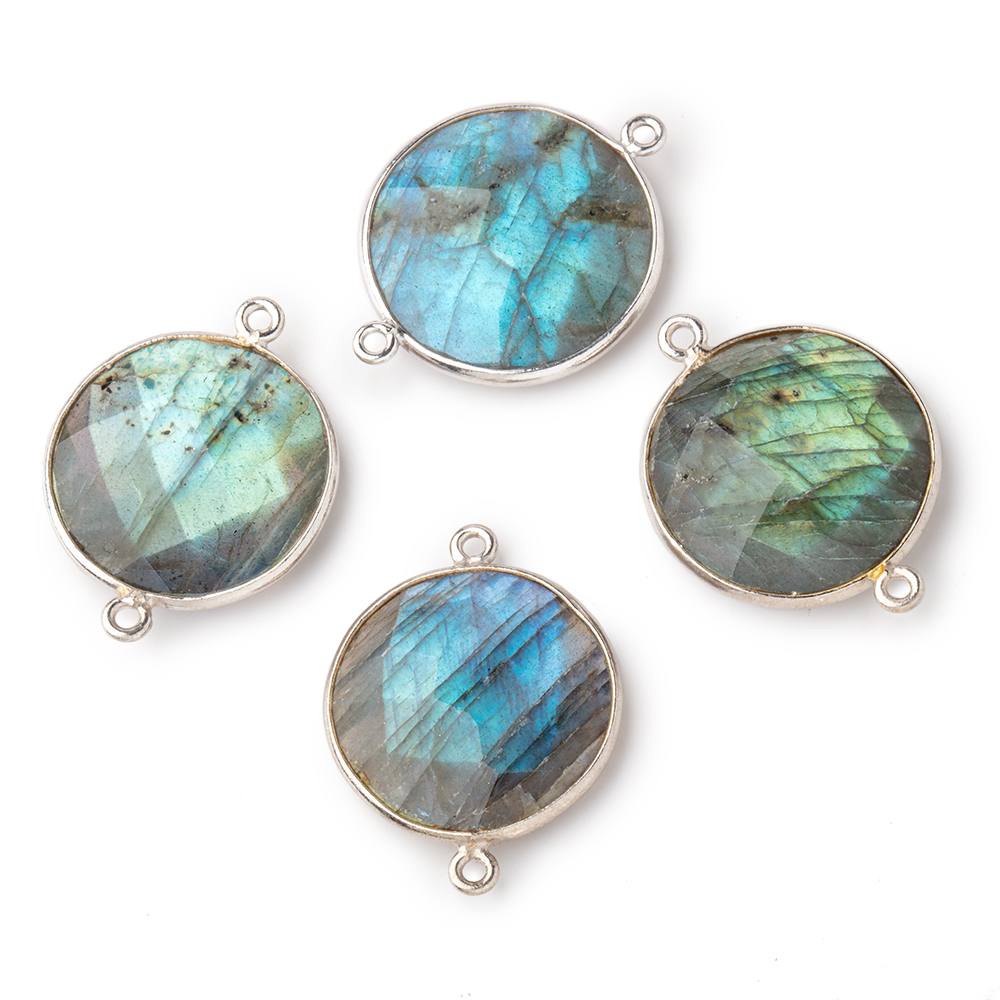 22mm Silver Bezeled Labradorite Coin Focal Bead Connector 4 pc 