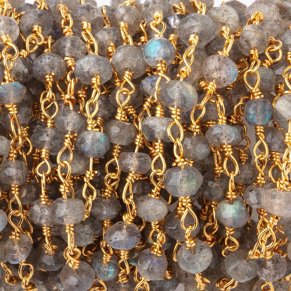 4mm Labradorite faceted rondelle Gold Chain by the foot 34 pieces - BeadsofCambay.com