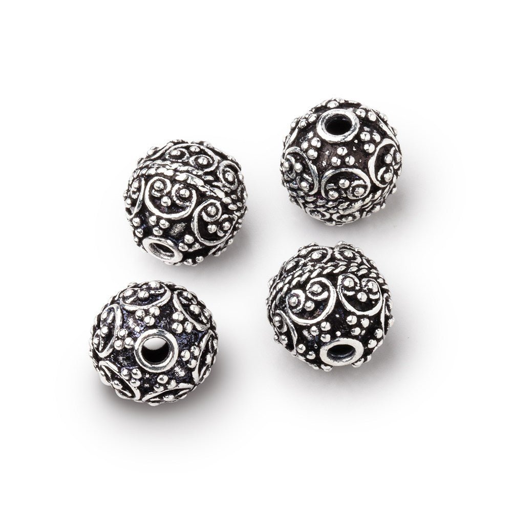 10mm Antiqued Silver Plated Copper Bali Design Round Set of 4 Beads - Beadsofcambay.com