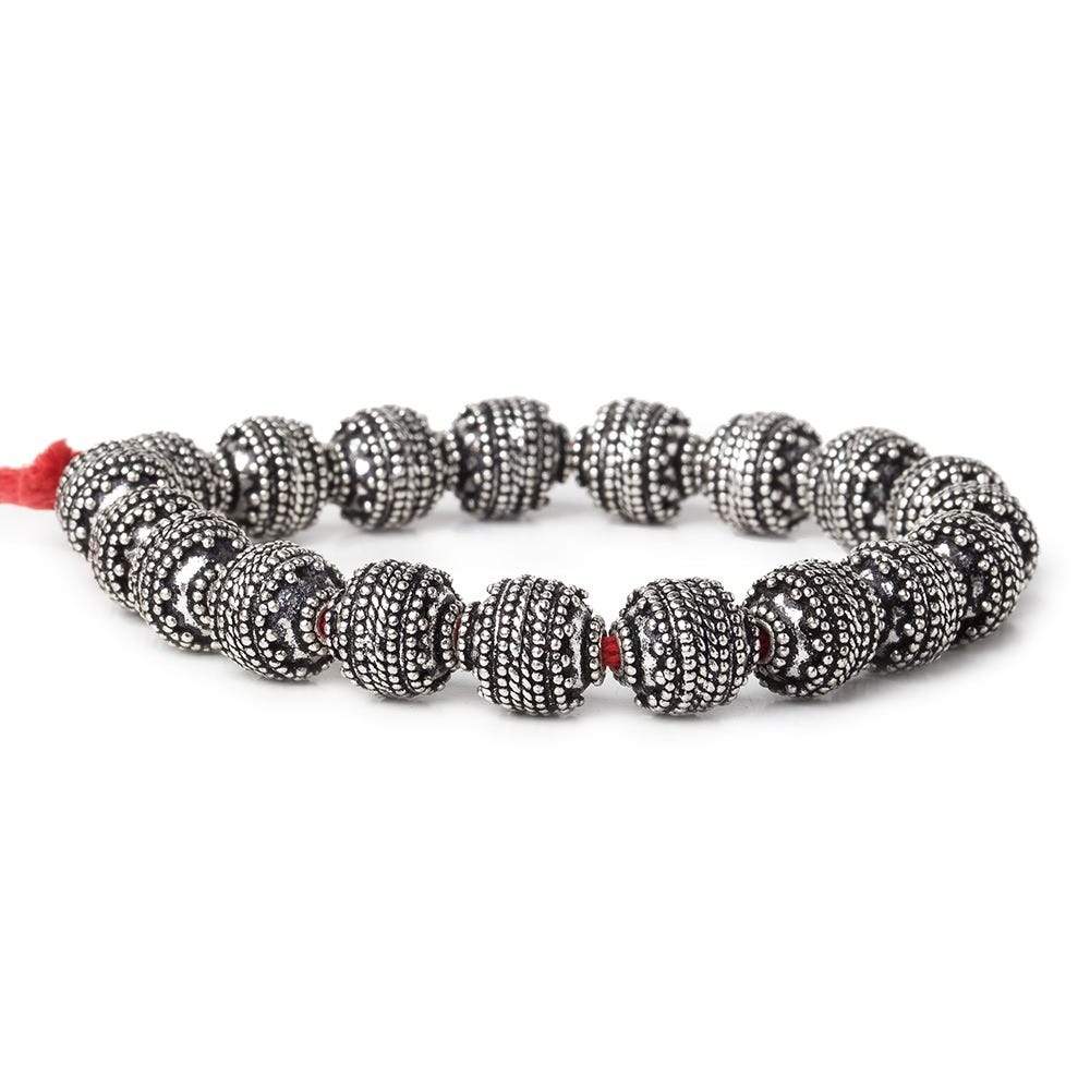 10mm Antiqued Sterling Silver Plated Copper Bead Roval, Concentric Miligrain 8 inch 18 pcs - Beadsofcambay.com