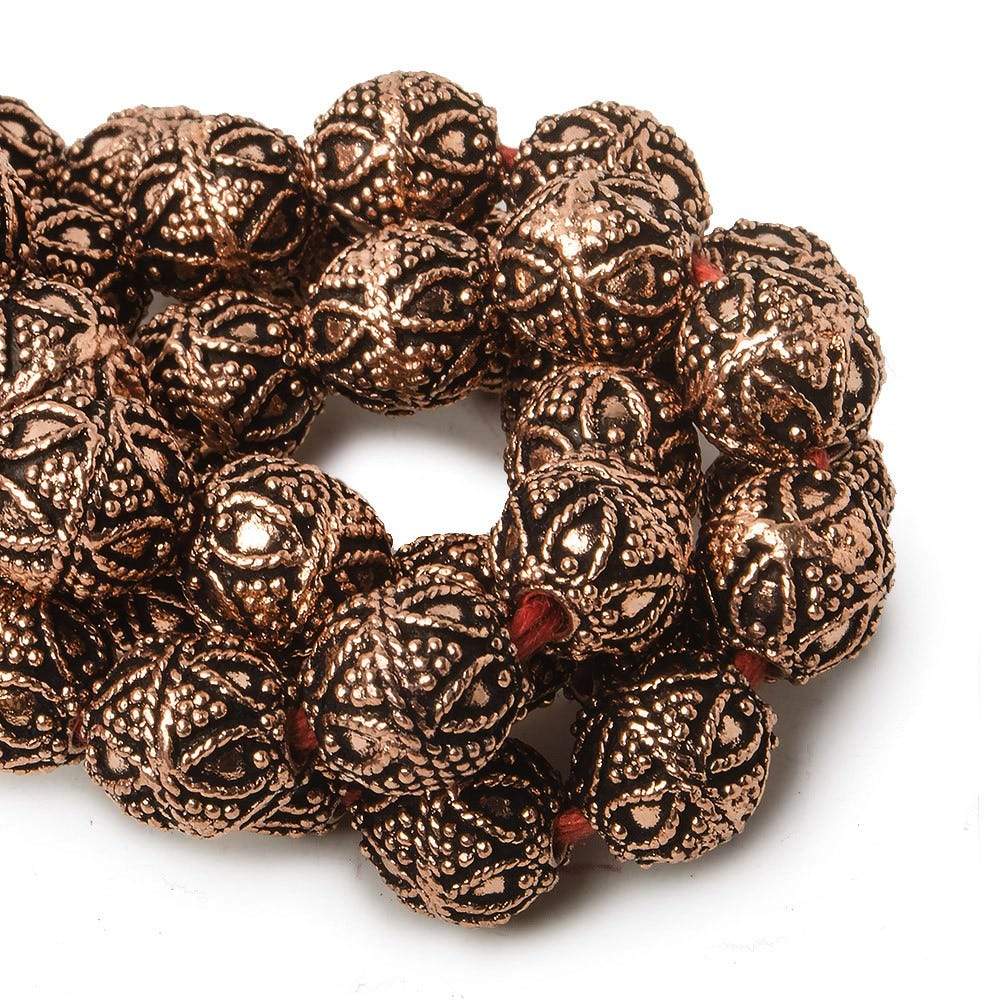 10mm Copper Bead Round Miligrain Triangle and Heart 8 inch 18 pcs - Beadsofcambay.com