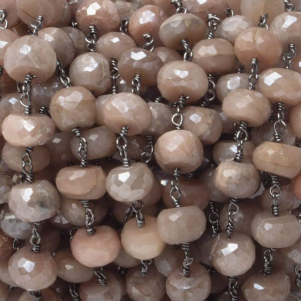 10mm Mystic Angel Skin Peach Moonstone faceted rondelle Black Gold Chain by the foot 21 pcs - Beadsofcambay.com