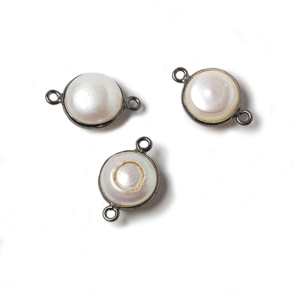 10mm Off White Button Pearl Black Gold Bezeled Connector 1 piece - Beadsofcambay.com