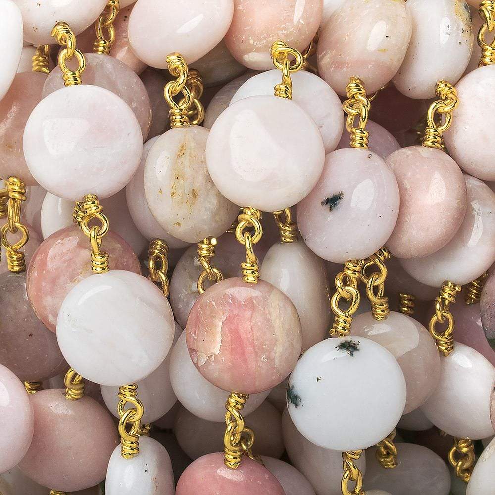 10mm Pink Peruvian Opal plain coin Gold Chain sold by the foot 19 pieces - Beadsofcambay.com