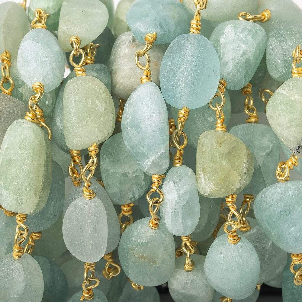 10x8-12x8mm Frosted Aquamarine plain nugget Gold plated Chain - Beadsofcambay.com