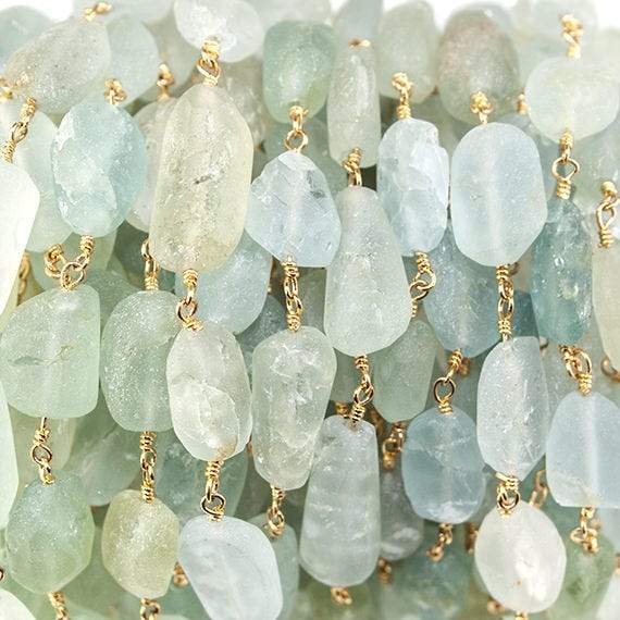 10x8-12x8mm Frosted Aquamarine plain nugget Gold plated Chain - Beadsofcambay.com