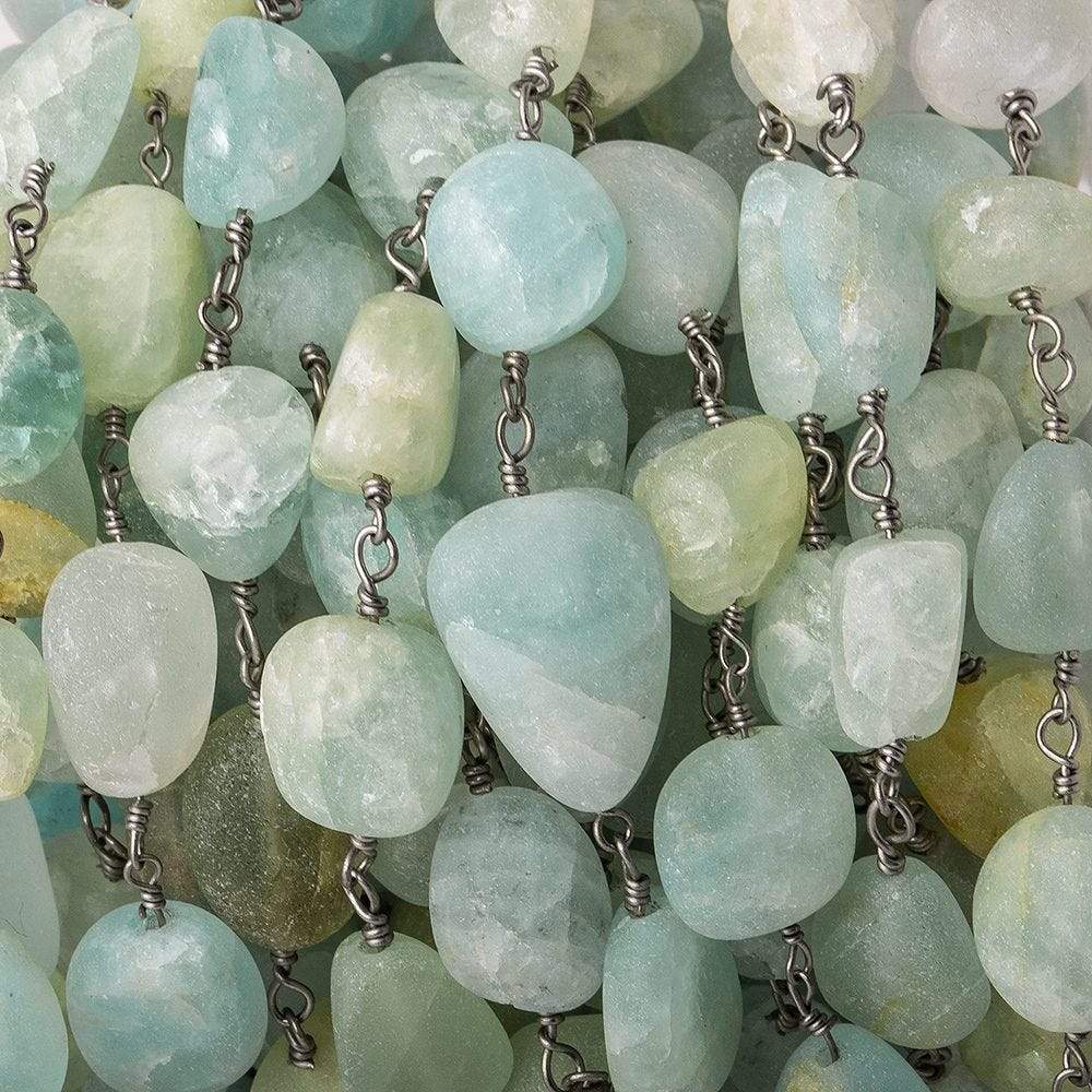 10x8-15x8mm Frosted Aquamarine plain nugget Black Gold plated Chain by the foot 16 pcs - Beadsofcambay.com