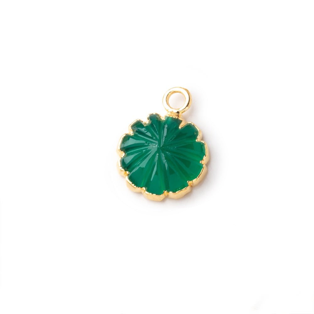 11-12mm Gold Leafed Green Onyx Carved Floral Coin Focal Pendant 1 piece - Beadsofcambay.com