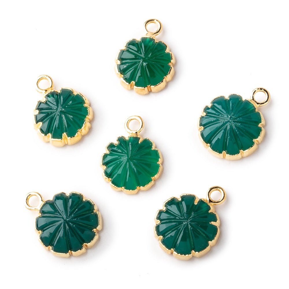 11-12mm Gold Leafed Green Onyx Carved Floral Coin Focal Pendant 1 piece - Beadsofcambay.com