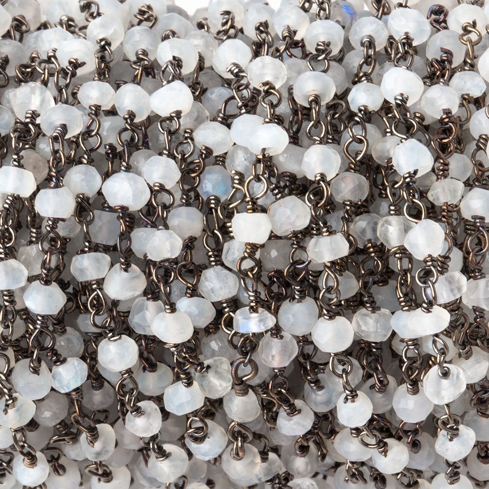 3mm Rainbow & White Moonstone faceted rondelle Black Gold Chain by the foot 36 pcs - BeadsofCambay.com