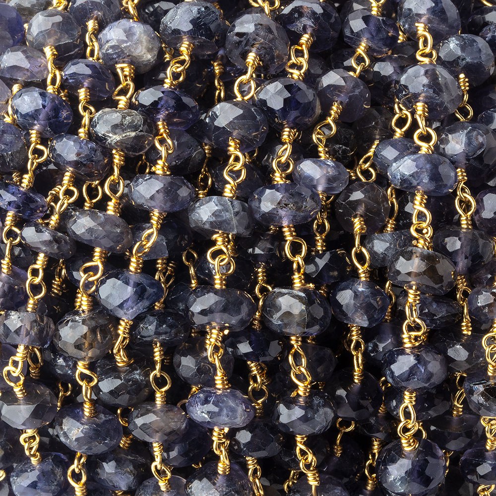 6mm Iolite faceted rondelle Gold Chain by the foot 30 pcs - BeadsofCambay.com