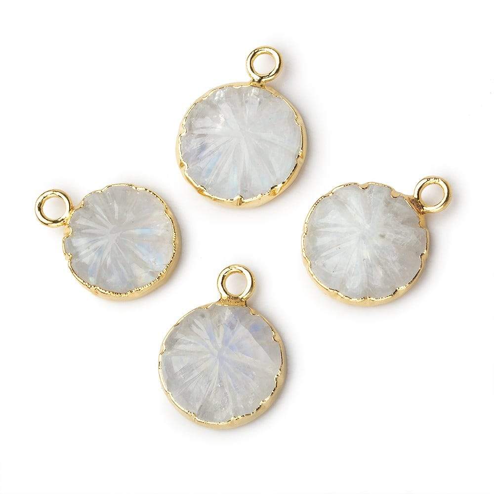 11-12mm 22kt Gold Leafed Rainbow Moonstone carved floral coin Pendant 1 focal bead - Beadsofcambay.com