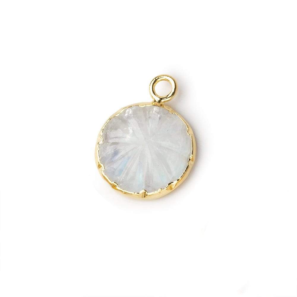 11-12mm 22kt Gold Leafed Rainbow Moonstone carved floral coin Pendant 1 focal bead- Beadsofcambay.com