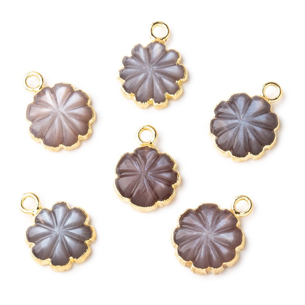 11mm Gold Leafed Chocolate Moonstone Carved Floral Coin Focal Pendant 1 piece - Beadsofcambay.com