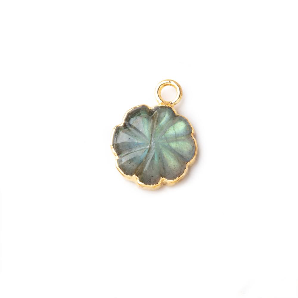 11mm Gold Leafed Labradorite Carved Floral Coin Focal Pendant 1 piece - Beadsofcambay.com