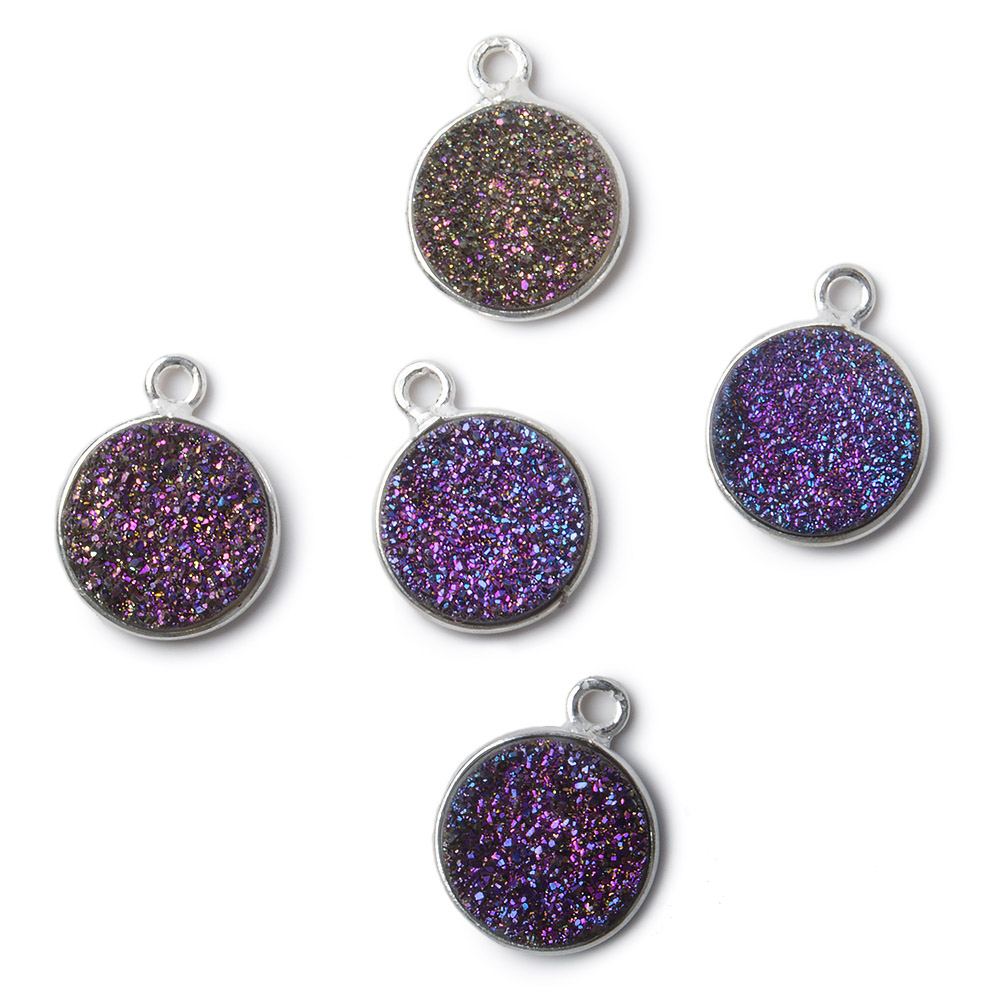 11mm Silver .925 Bezel Mystic Peacock Drusy Coin Pendant 1 piece - Beadsofcambay.com