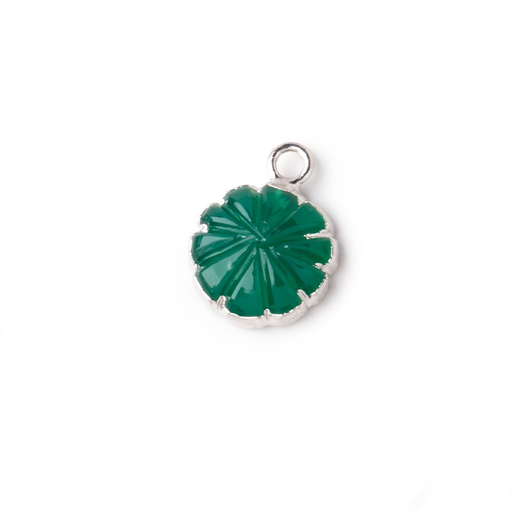 11mm Silver Leafed Green Onyx Carved Floral Coin Focal Pendant 1 piece - Beadsofcambay.com