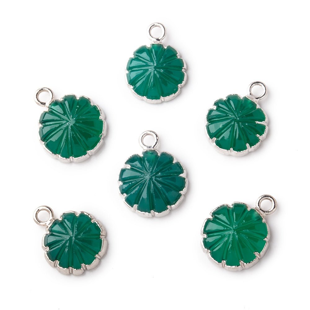 11mm Silver Leafed Green Onyx Carved Floral Coin Focal Pendant 1 piece - Beadsofcambay.com