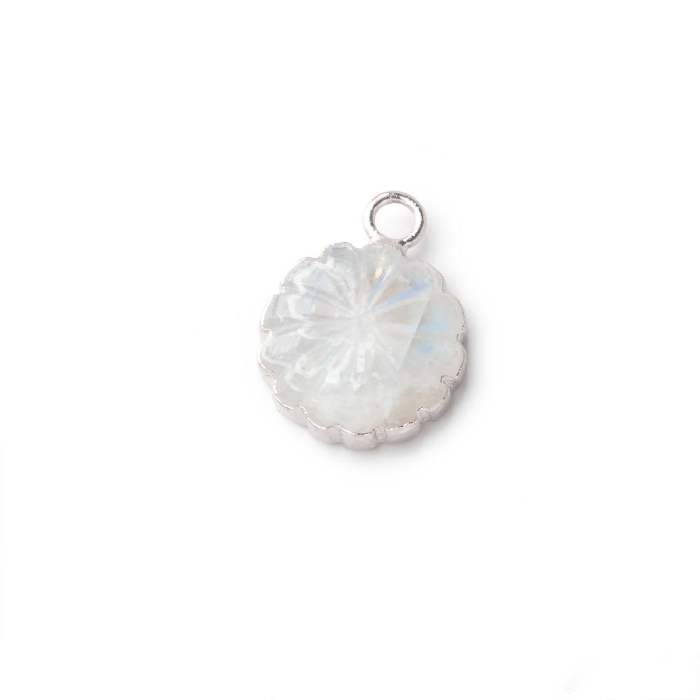 11mm Silver Leafed Rainbow Moonstone Carved Floral Coin Focal Pendant 1 piece - Beadsofcambay.com