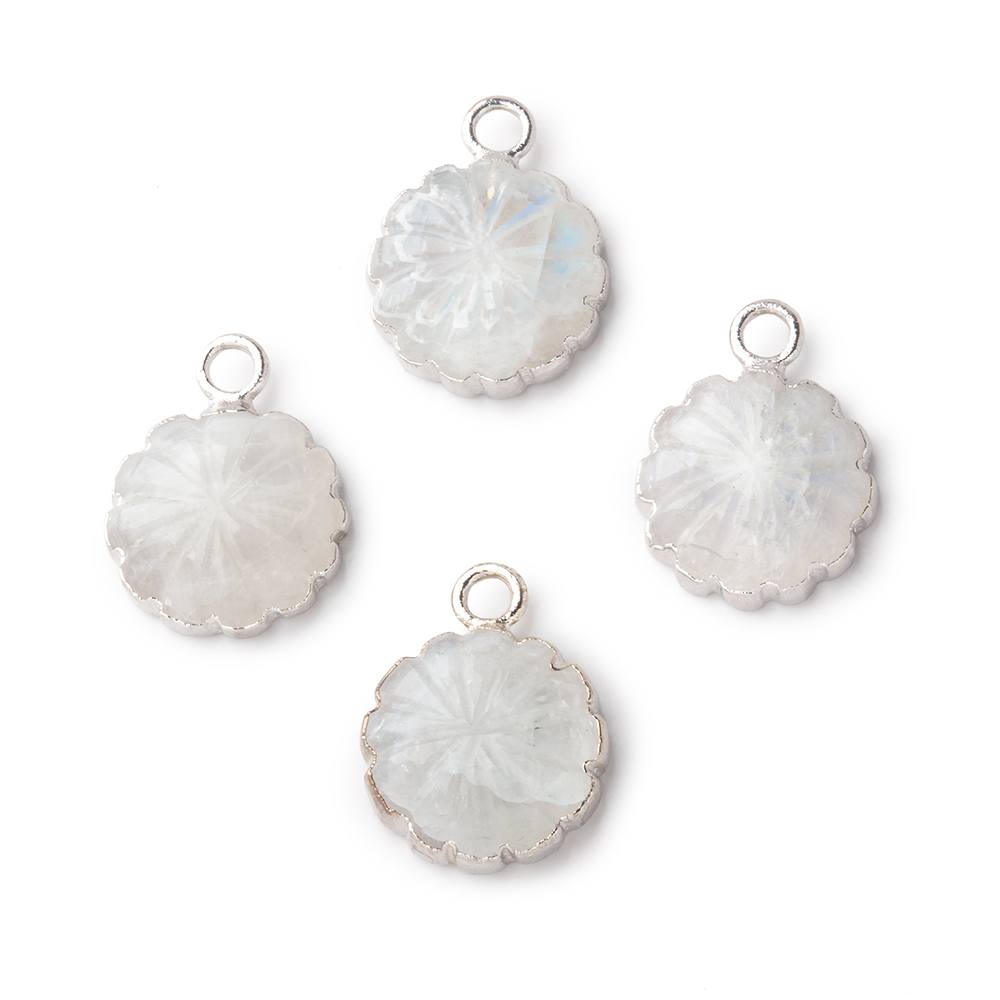 11mm Silver Leafed Rainbow Moonstone Carved Floral Coin Focal Pendant 1 piece - Beadsofcambay.com