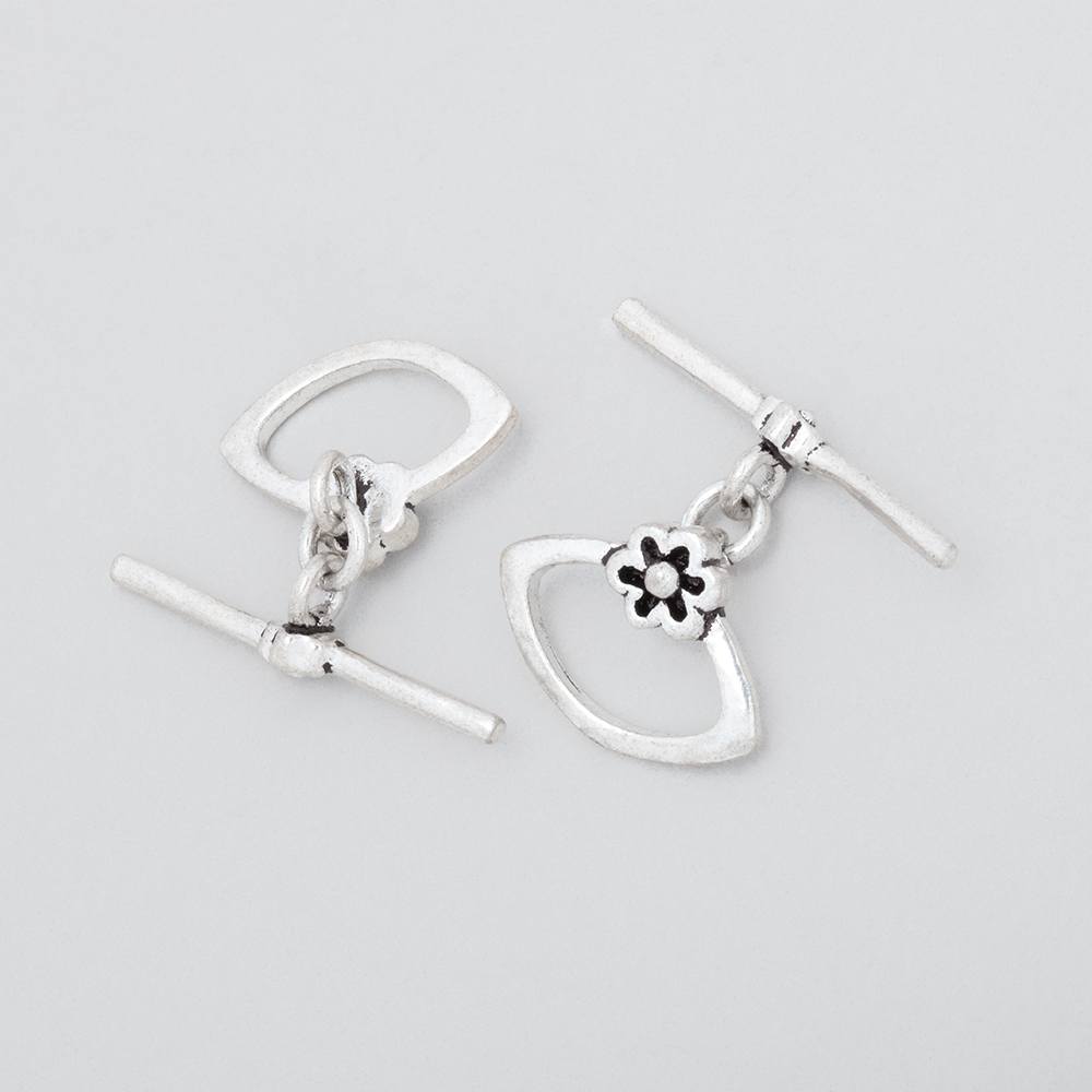 11x15mm Antiqued Sterling Silver Marquise Toggle with Flower 1 piece - Beadsofcambay.com