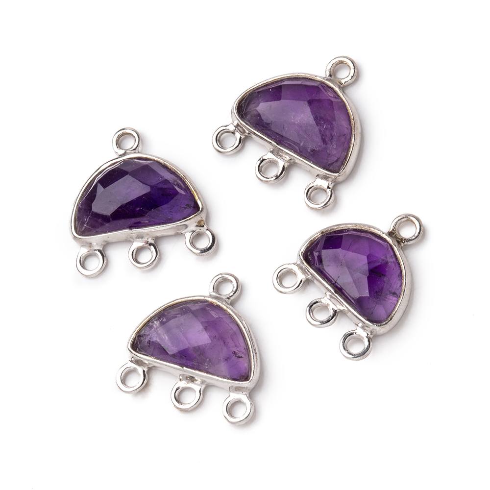 11x7mm .925 Silver Bezel Amethyst faceted Half Moon 3 ring Connector 1 piece - Beadsofcambay.com